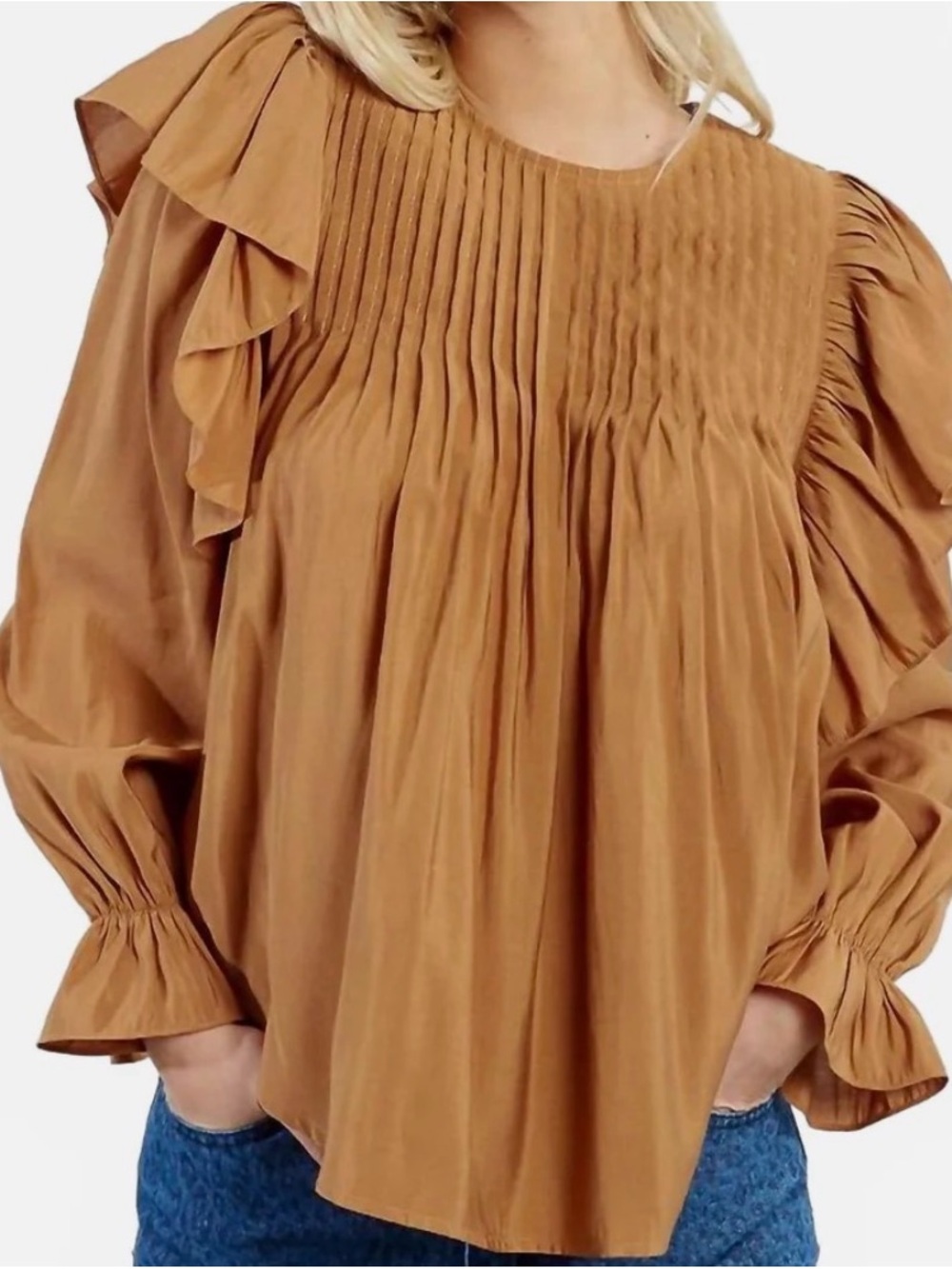 Pleated Ruffle Long-Sleeve Blouse in Caramel